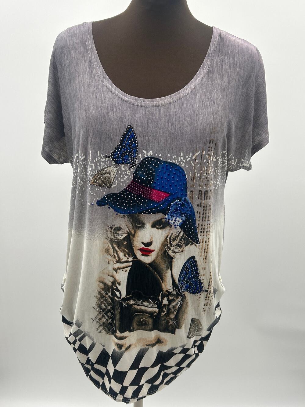 US4 NY Women’s Graphic Rhinestone Top Hat Lady Butterfly Size M/L Indie Sleeze